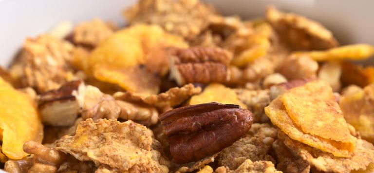 Flake cereal, nuts, and dried fruit