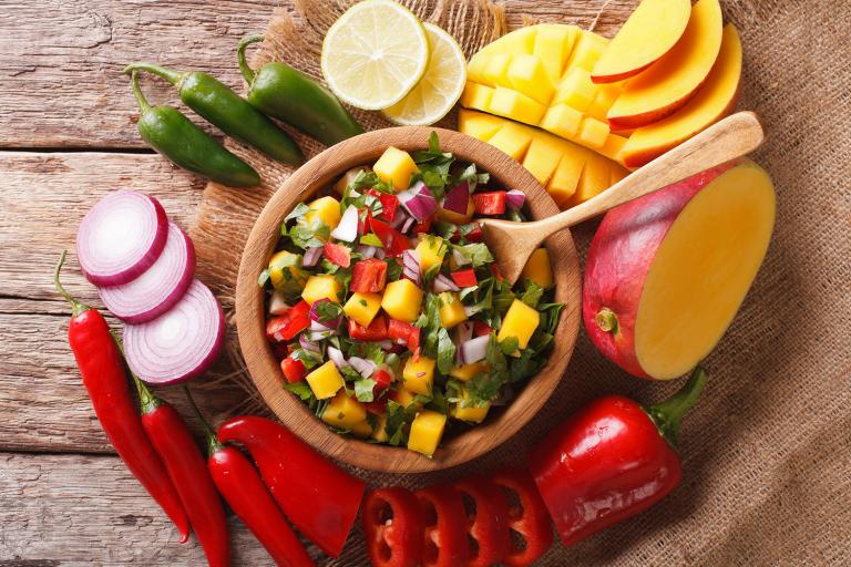 A bowl of fresh homemade mango salsa